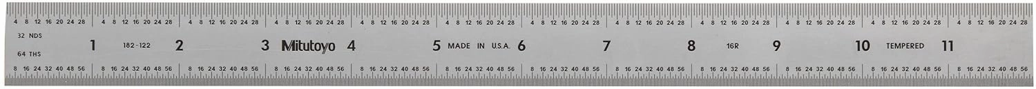 Mitutoyo 182-122, Steel Rule, 12" (16R), (1/32, 1/64, 1/50, 1/100"), 3/64" Thick X 1" Wide, Satin Chrome Finish Tempered Stainless Steel