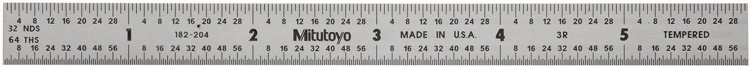 Mitutoyo 182-204, Steel Rule, 6" (3R), (1/32, 1/64", 1/10", 1/50"), 1/64" Thick X 1/2" Wide, Satin Chrome Finish Tempered Stainless Steel