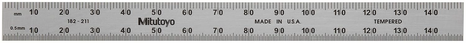 Mitutoyo 182-211, Steel Rule, 150mm ( 1mm, 0.5mm), 1/64" Thick X 12mm Wide, Satin Chrome Finish Tempered Stainless Steel