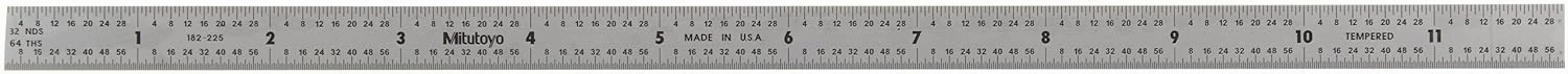 Mitutoyo 182-225, Steel Rule, 12"/300mm, (1/32", 1/64", 1mm, 1/2mm), 1/64" Thick X 1/2" Wide, Satin Chrome Finish Tempered Stainless Steel