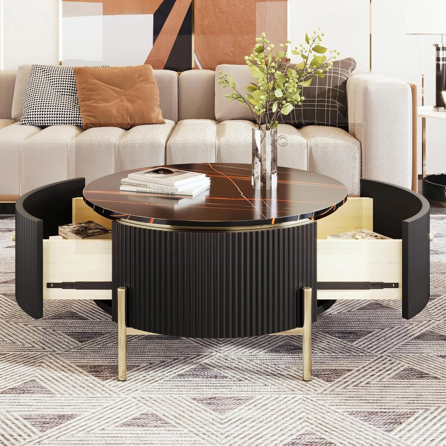 Modern Round Coffee Table with 2 Large Drawers Storage Accent Table(31.5'')
