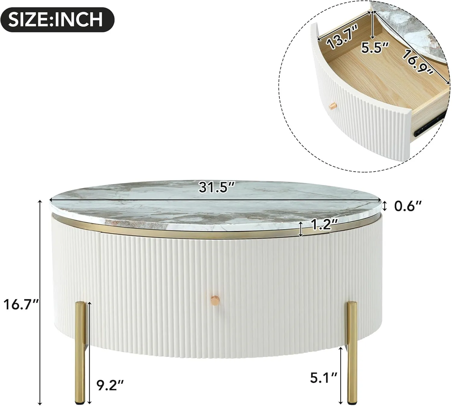 Modern Round Coffee Table with 2 Large Drawers Storage Accent Table(31.5'')