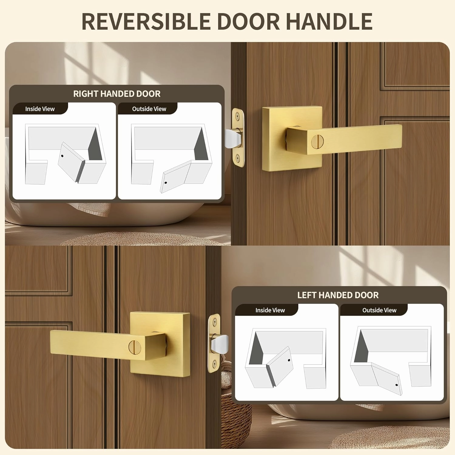 Moquin Brushed Gold Square Design Keyless Privacy Door Handle with Lock, Heavy Duty Door Lever Without Keys, Reversible Handle for Bathroom/Bedroom Door in Satin Brass Finish
