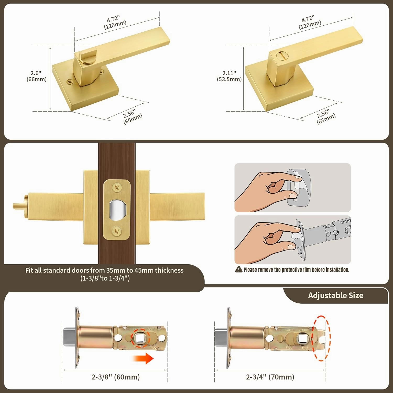 Moquin Brushed Gold Square Design Keyless Privacy Door Handle with Lock, Heavy Duty Door Lever Without Keys, Reversible Handle for Bathroom/Bedroom Door in Satin Brass Finish