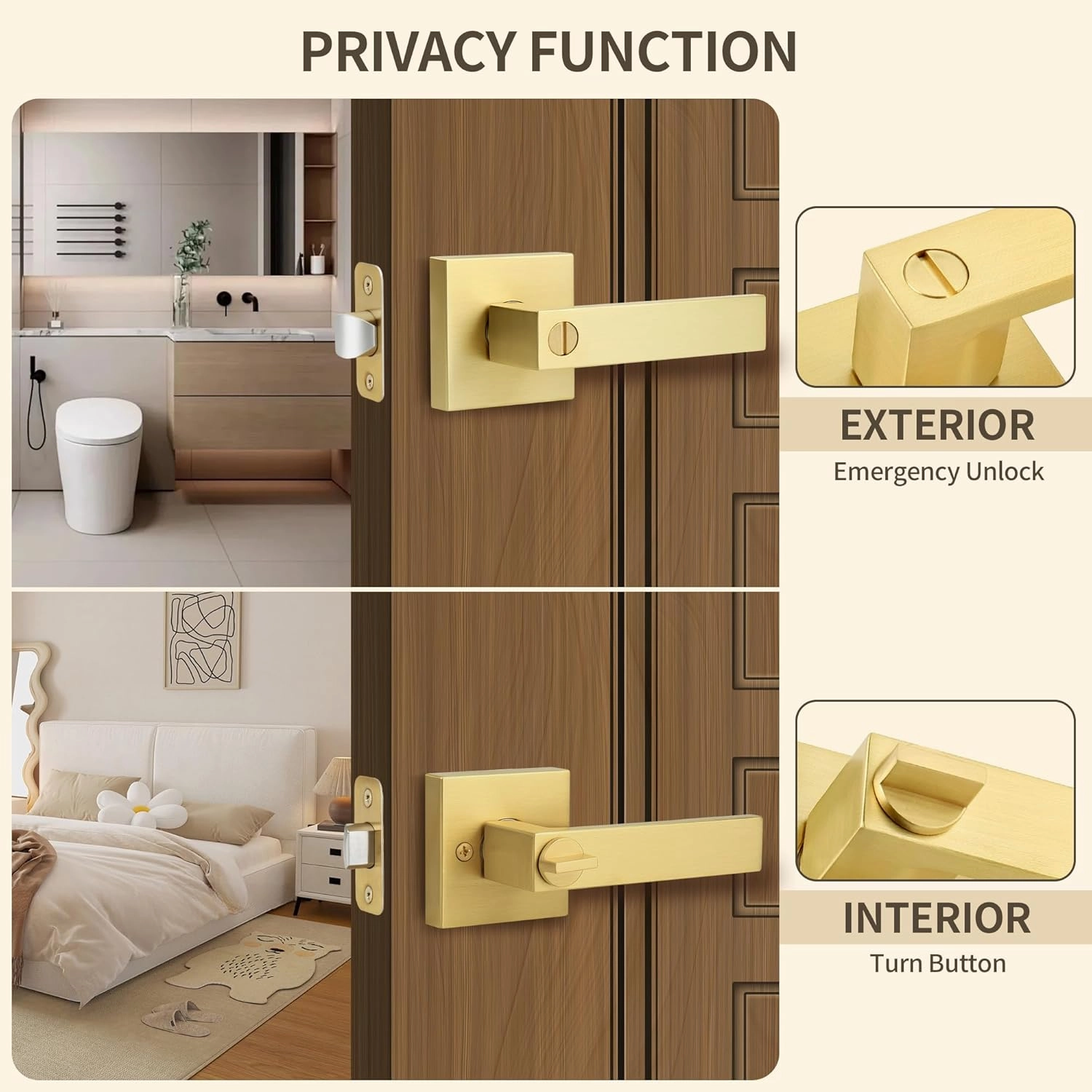 Moquin Brushed Gold Square Design Keyless Privacy Door Handle with Lock, Heavy Duty Door Lever Without Keys, Reversible Handle for Bathroom/Bedroom Door in Satin Brass Finish