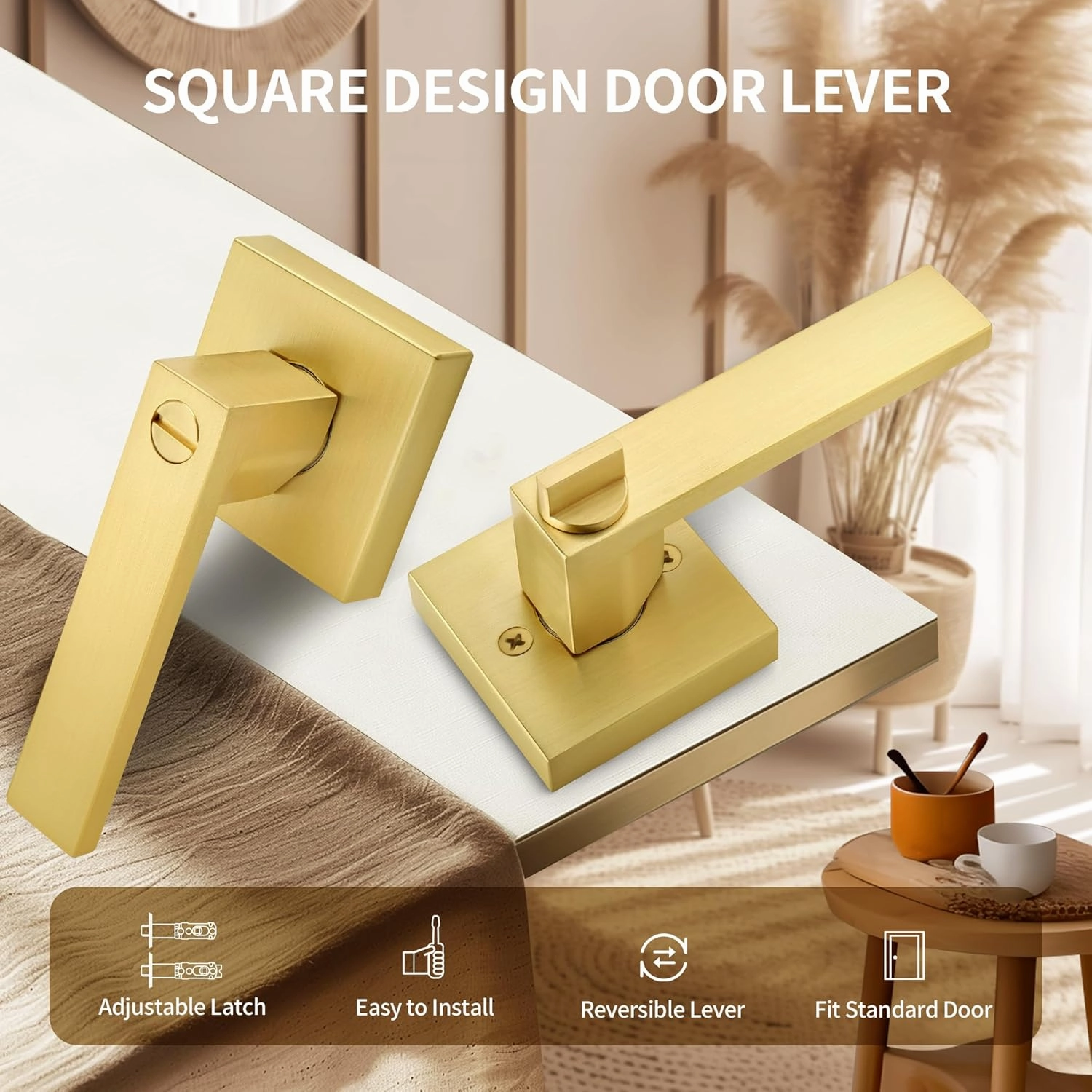 Moquin Brushed Gold Square Design Keyless Privacy Door Handle with Lock, Heavy Duty Door Lever Without Keys, Reversible Handle for Bathroom/Bedroom Door in Satin Brass Finish