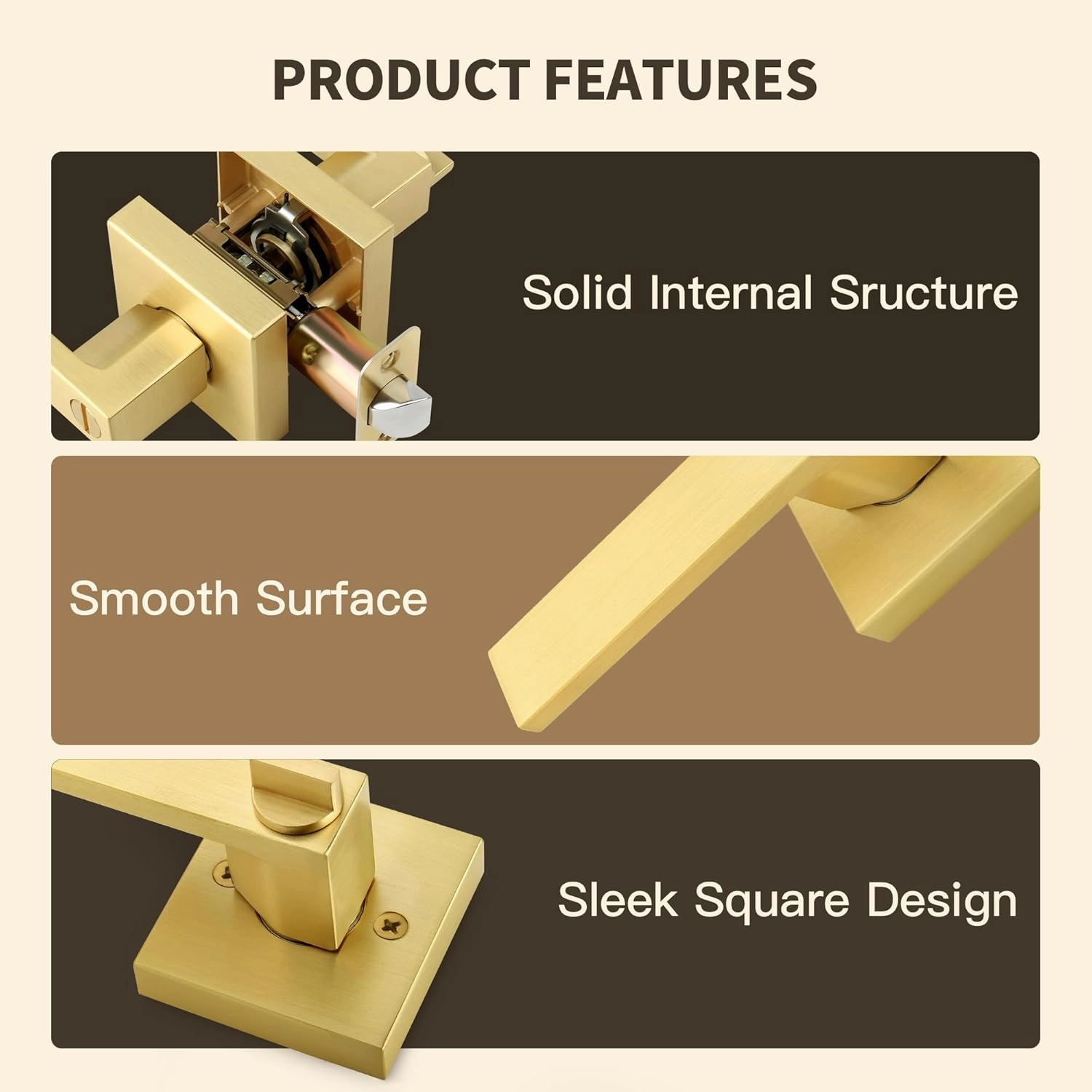 Moquin Brushed Gold Square Design Keyless Privacy Door Handle with Lock, Heavy Duty Door Lever Without Keys, Reversible Handle for Bathroom/Bedroom Door in Satin Brass Finish