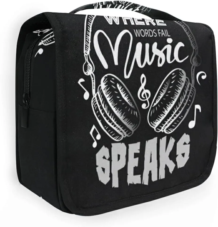 Music Notes Earphone with Where Words Fail, Music Speaks on Black Hanging Wash Gargle Toiletry Bag Travel Cosmetic Makeup Case Organizer Storage Large Portable