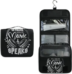 Music Notes Earphone with Where Words Fail, Music Speaks on Black Hanging Wash Gargle Toiletry Bag Travel Cosmetic Makeup Case Organizer Storage Large Portable