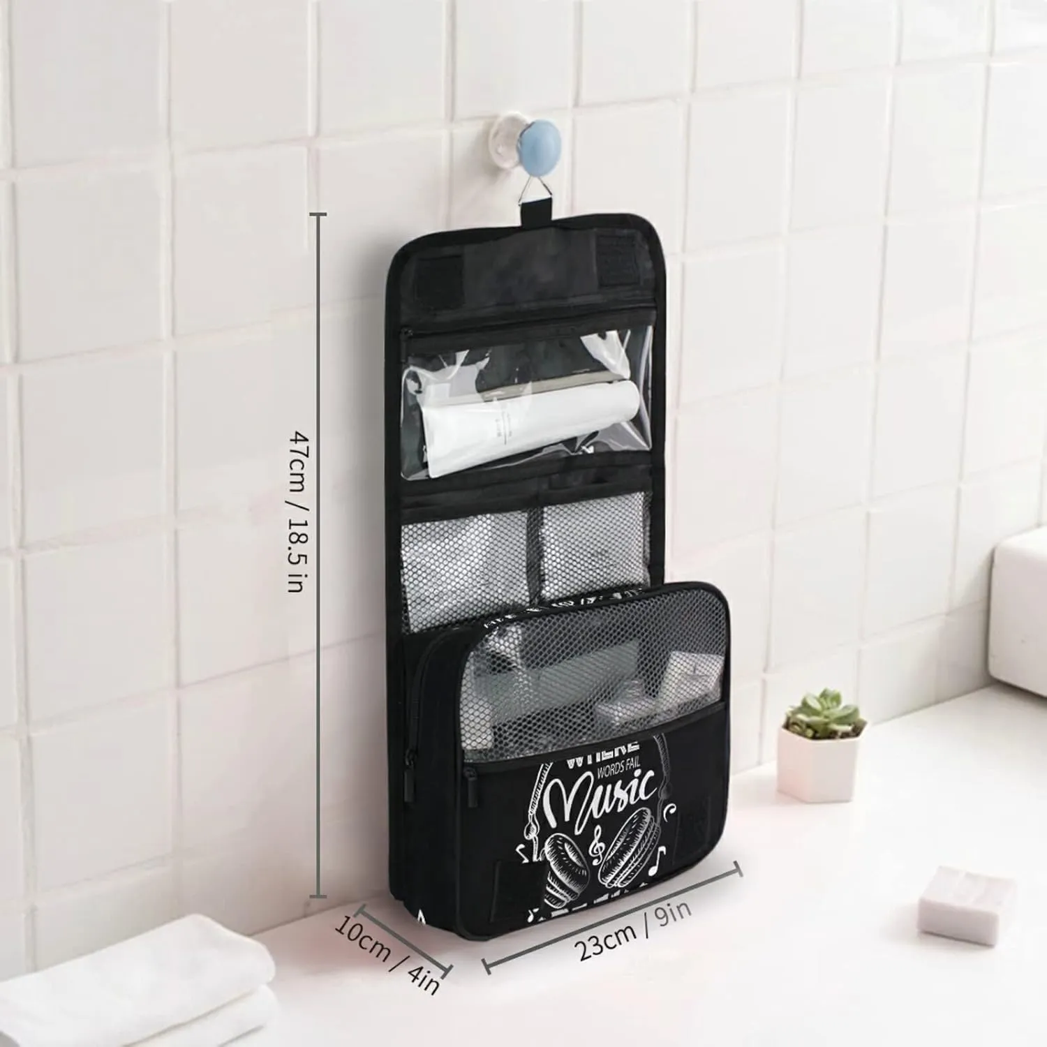 Music Notes Earphone with Where Words Fail, Music Speaks on Black Hanging Wash Gargle Toiletry Bag Travel Cosmetic Makeup Case Organizer Storage Large Portable