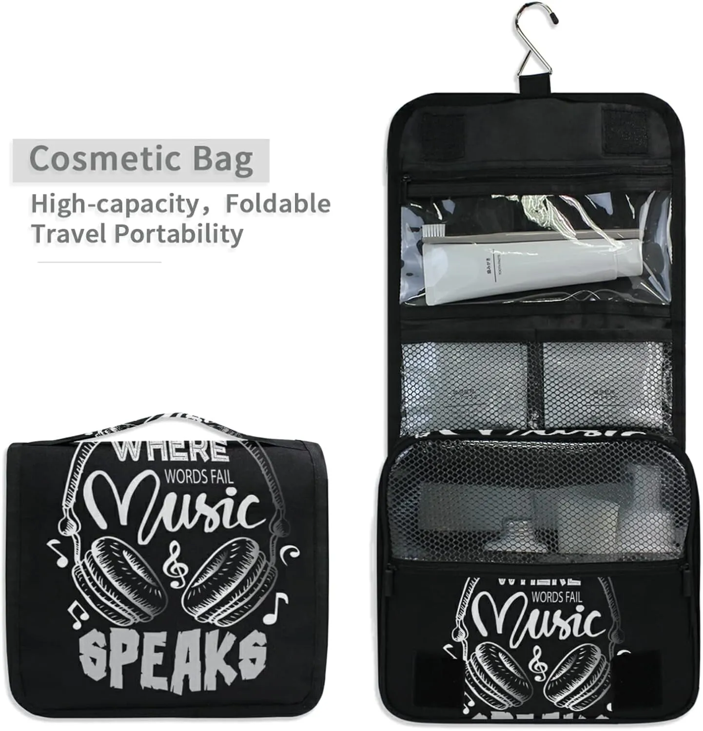 Music Notes Earphone with Where Words Fail, Music Speaks on Black Hanging Wash Gargle Toiletry Bag Travel Cosmetic Makeup Case Organizer Storage Large Portable