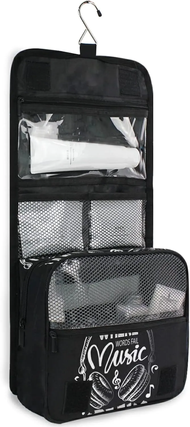 Music Notes Earphone with Where Words Fail, Music Speaks on Black Hanging Wash Gargle Toiletry Bag Travel Cosmetic Makeup Case Organizer Storage Large Portable