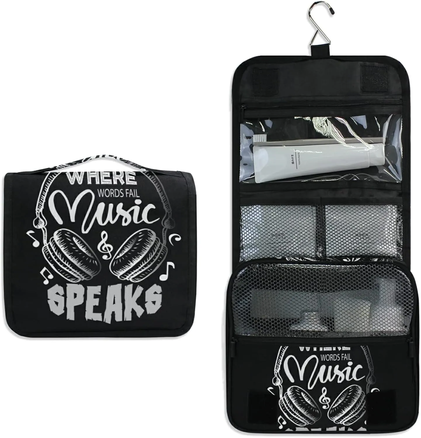 Music Notes Earphone with Where Words Fail, Music Speaks on Black Hanging Wash Gargle Toiletry Bag Travel Cosmetic Makeup Case Organizer Storage Large Portable