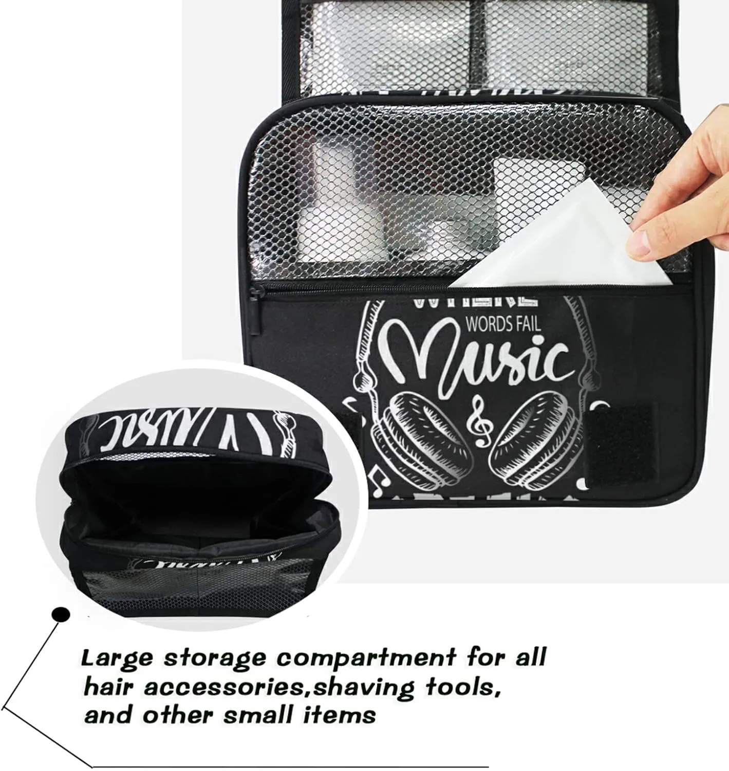 Music Notes Earphone with Where Words Fail, Music Speaks on Black Hanging Wash Gargle Toiletry Bag Travel Cosmetic Makeup Case Organizer Storage Large Portable
