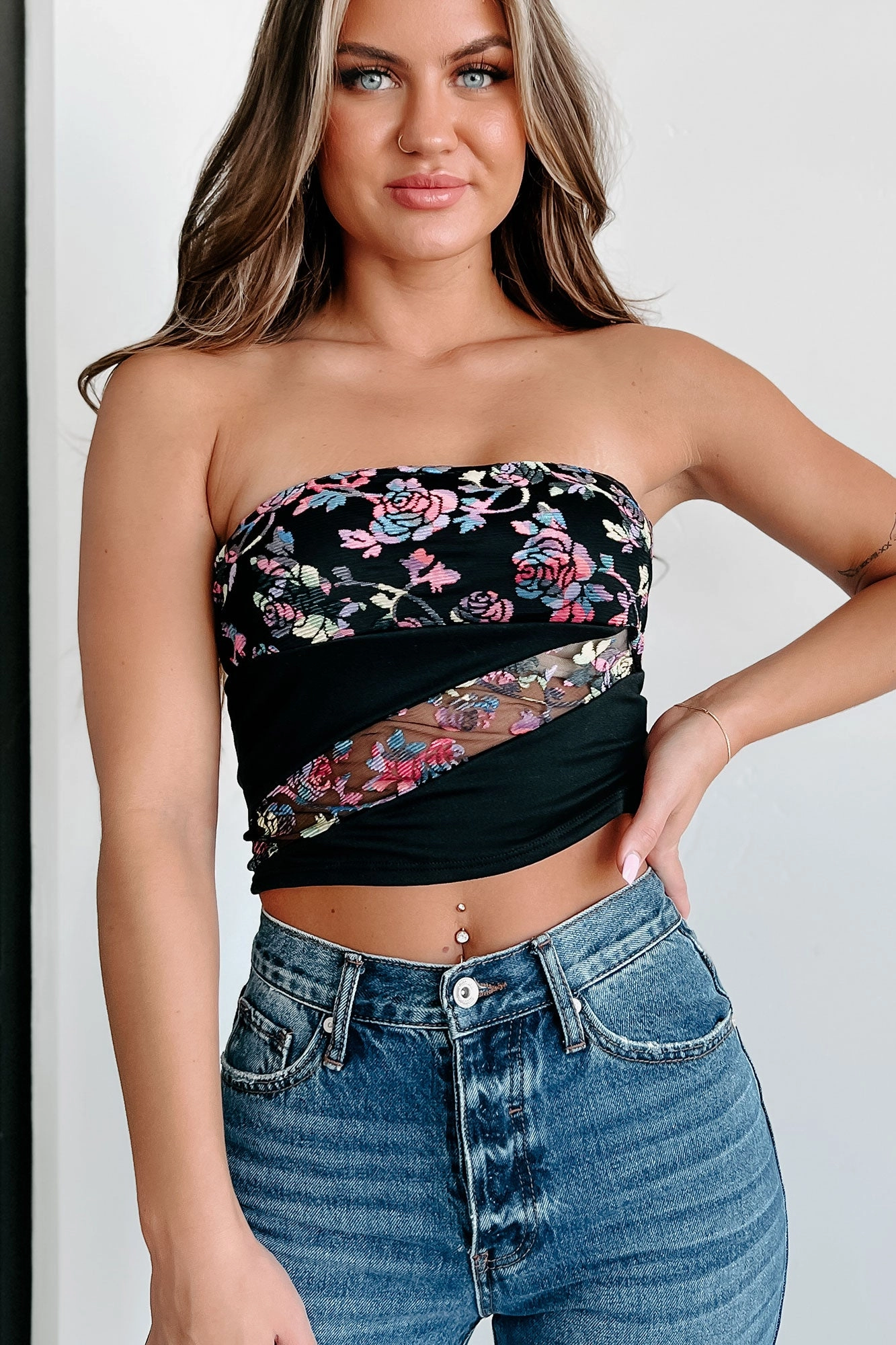 My Next Muse Floral Knit Tube Top (Fuchsia/Black)