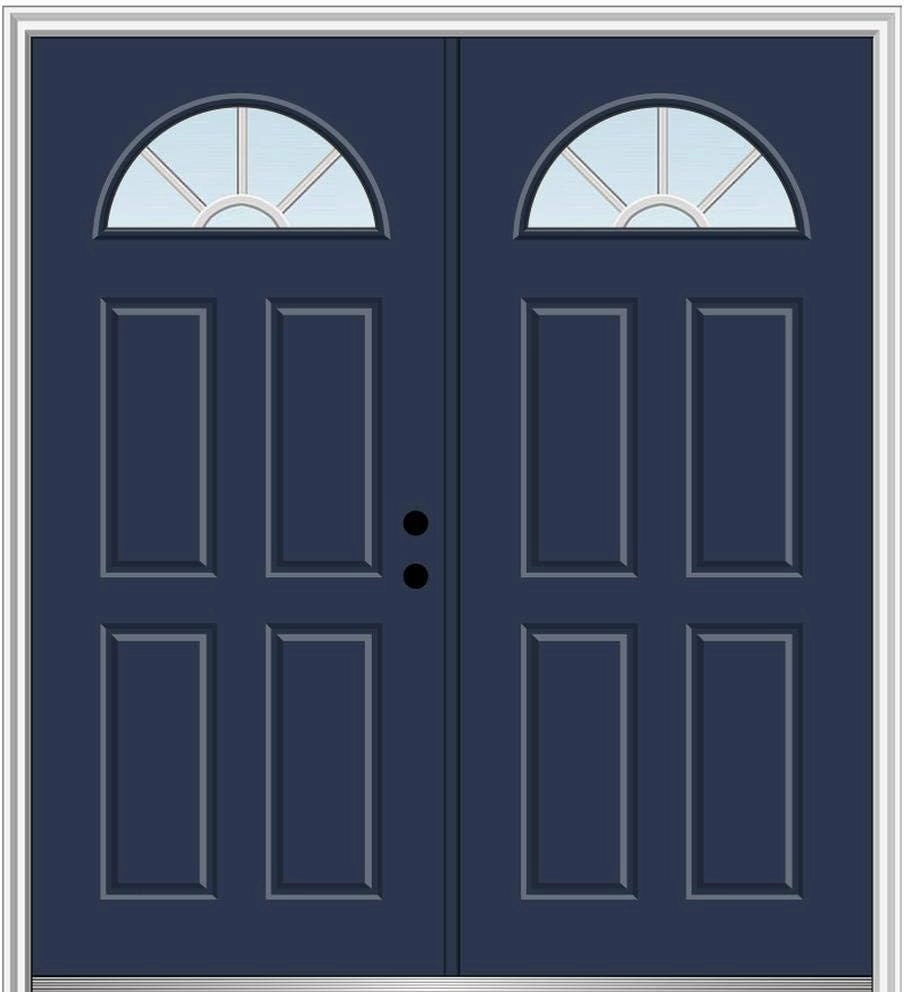 National Door Company, Exterior Double Door, Fiberglass Smooth, 60" x 80", 1/4 Lite 4-Panel, Grilles Between Glass Clear Collection, Left-Hand Inswing