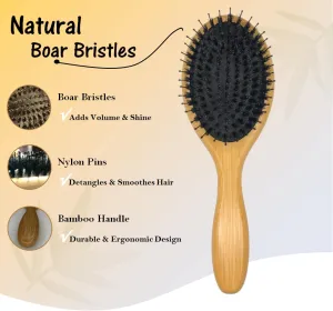 Natural Boar Bristle Hair Brush for Women, Men, Teens; Detangling Hair Brush for All Hair Types; Smooths, Prevents Frizz and Breakage in Fine and Straight, Thick and Curly Hair