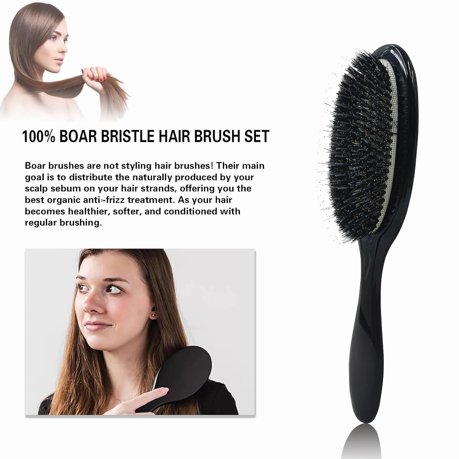 No Shampoo Hair Brush,100% Boar Bristle Hair Brush Set, Hairbrush for Women With Thick, Long or Curly Hair, for Women,Soft Natural Bristles (C)