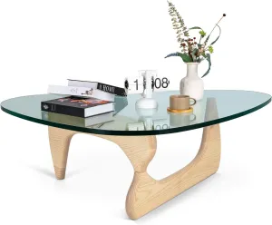 Noguchi Table Triangle Glass Coffee Table Vintage Glass End Table, Solid Wood Base and Triangle Clear Glass Top Modern End Table for Living Room, Patio, Study (Wood Color)
