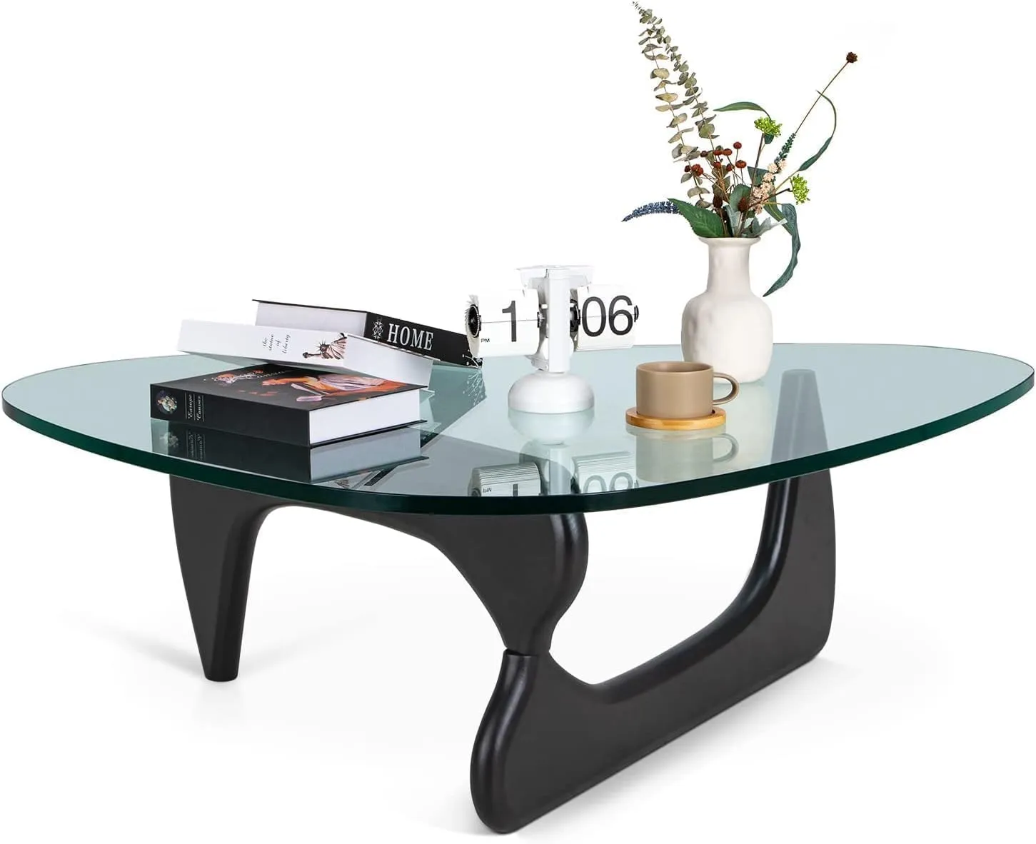Noguchi Triangle Glass Coffee Table with Solid Wood Base, Vintage Clear Glass Top Modern Design for Living Room, Patio, Study, Black
