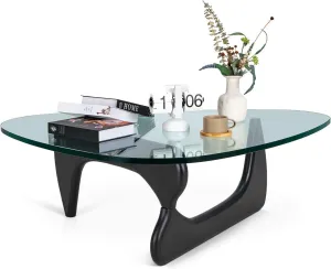 Noguchi Triangle Glass Coffee Table with Solid Wood Base, Vintage Clear Glass Top Modern Design for Living Room, Patio, Study, Black