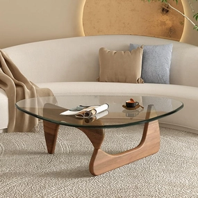 Noguchi Glass Coffee Table - Modern Triangle Design with Solid Wood Base and Clear Glass Top Accent, Vintage Mid-Century Style for Living Room and Office Décor (Walnut Color, Medium)