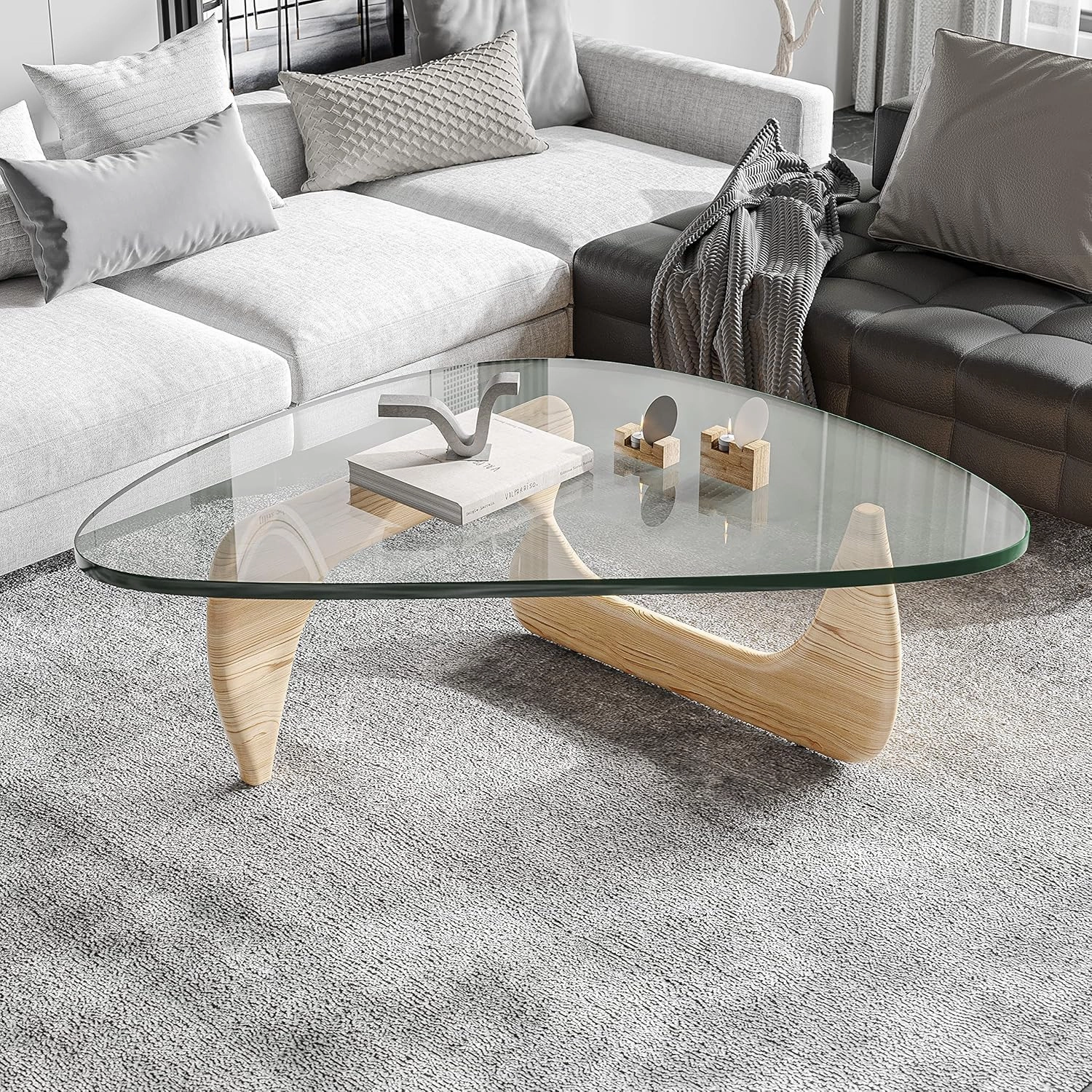Noguchi Table Triangle Glass Coffee Table Vintage Glass End Table, Solid Wood Base and Triangle Clear Glass Top Modern End Table for Living Room, Patio, Study