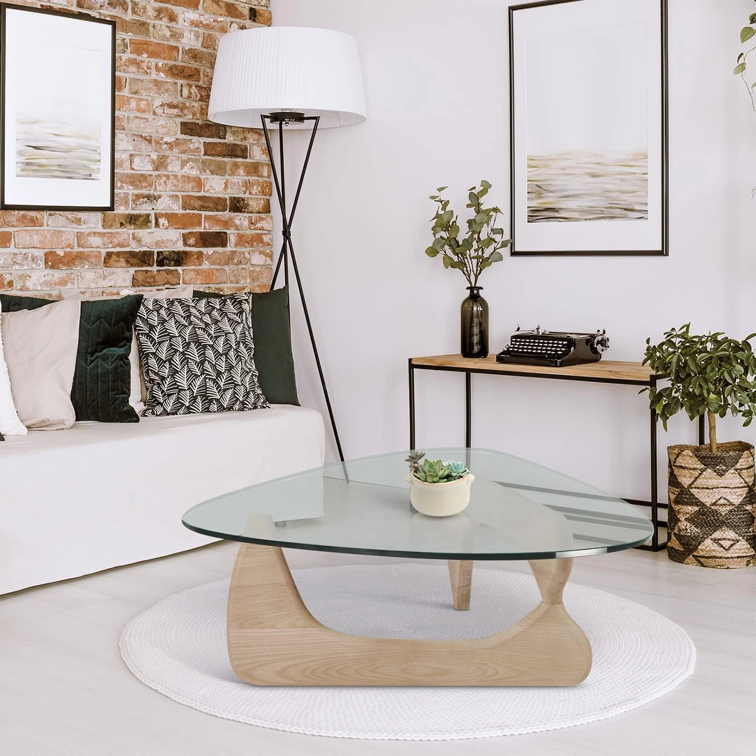 Noguchi Table Triangle Glass Coffee Table Vintage Glass End Table, Solid Wood Base and Triangle Clear Glass Top Modern End Table for Living Room, Patio, Study