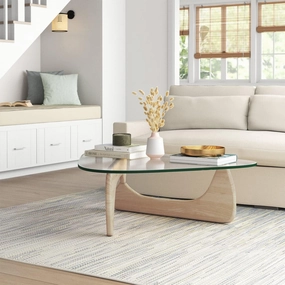 Noguchi Table Triangle Glass Coffee Table Vintage Glass End Table, Solid Wood Base and Triangle Clear Glass Top Modern End Table for Living Room, Patio, Study