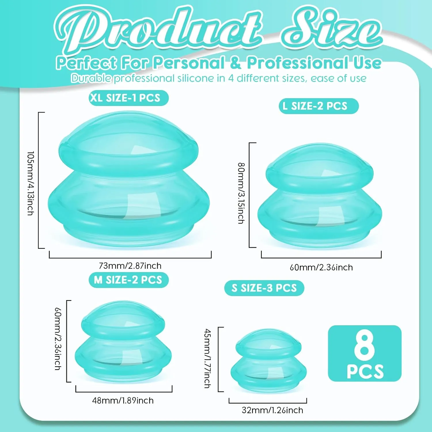 Nuanchu 8 Pcs 4 Sizes Cupping Therapy Set with Satin Bag Silicone Massage Cups Professional Cupping Therapy Vacuum Cup for Cellulite Joint Pain Muscle Pain(Clear Green)