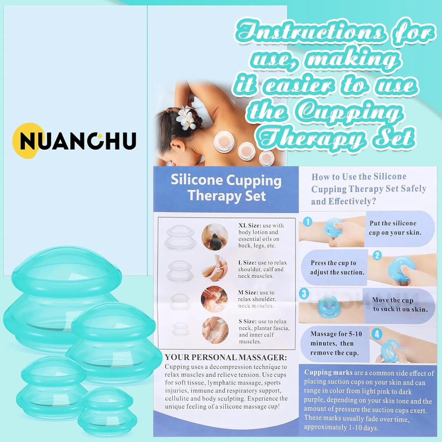 Nuanchu 8 Pcs 4 Sizes Cupping Therapy Set with Satin Bag Silicone Massage Cups Professional Cupping Therapy Vacuum Cup for Cellulite Joint Pain Muscle Pain(Clear Green)