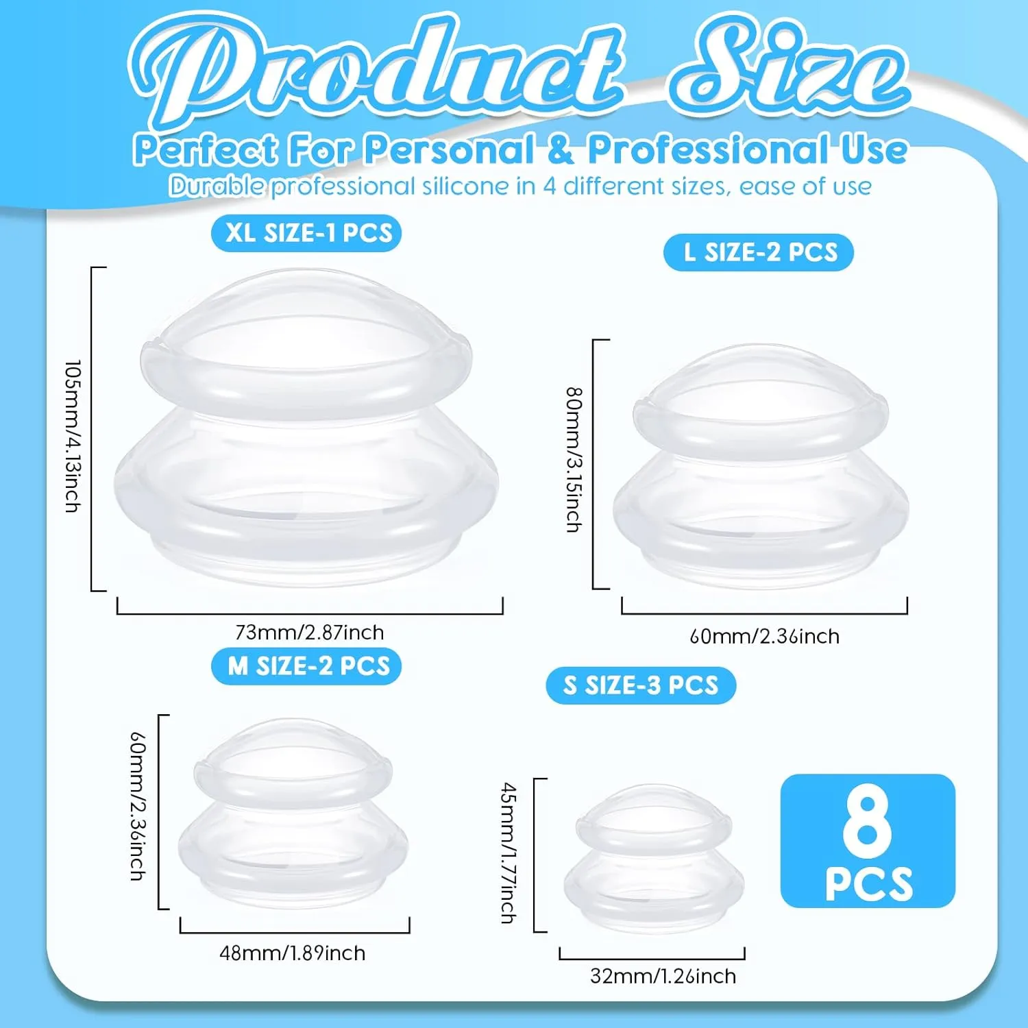 Nuanchu 8 Pcs 4 Sizes Cupping Therapy Set with Satin Bag Silicone Massage Cups Professional Cupping Therapy Vacuum Cup for Cellulite Joint Pain Muscle Pain(Clear)