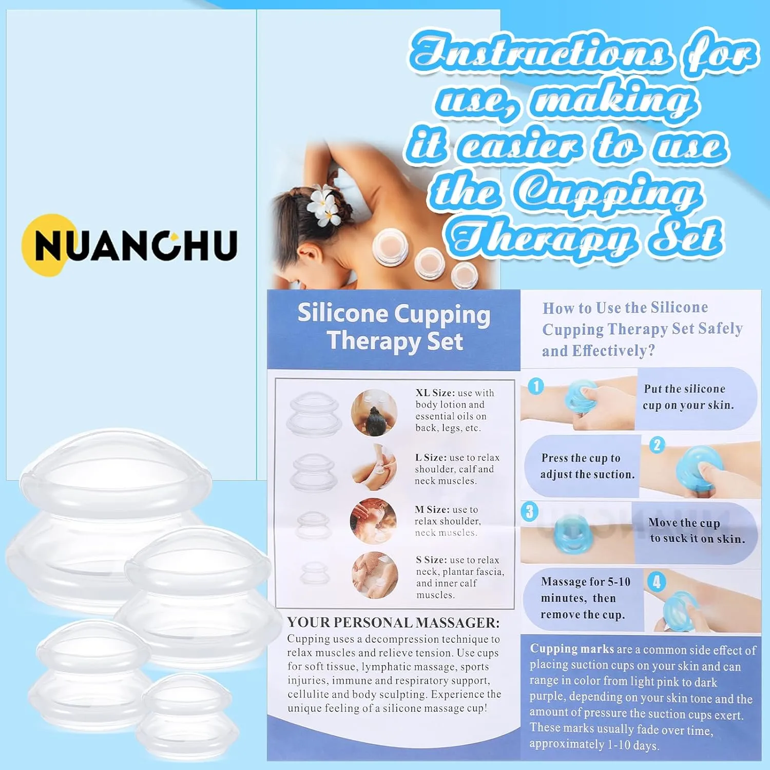 Nuanchu 8 Pcs 4 Sizes Cupping Therapy Set with Satin Bag Silicone Massage Cups Professional Cupping Therapy Vacuum Cup for Cellulite Joint Pain Muscle Pain(Clear)
