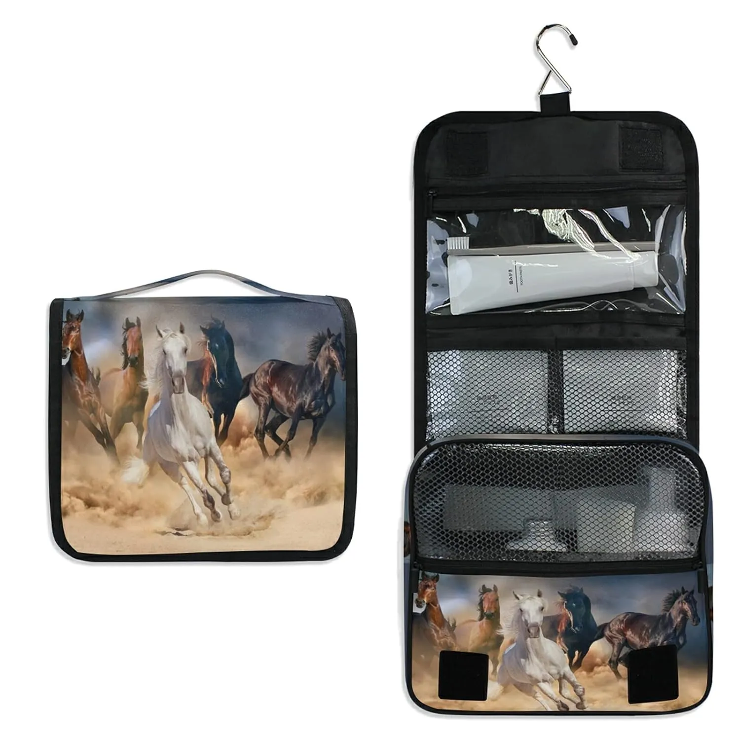 Oyihfvs Horse Herd Run in Desert Hanging Wash Gargle Toiletry Bag Travel Cosmetic Makeup Case Organizer Storage Large Portable