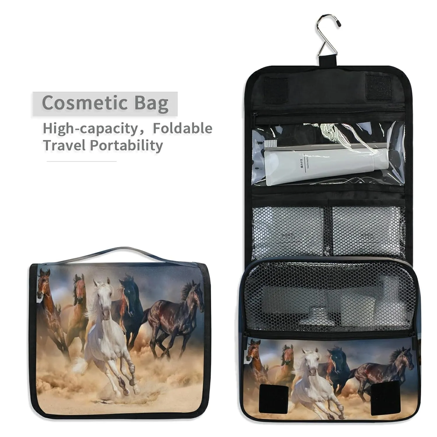 Oyihfvs Horse Herd Run in Desert Hanging Wash Gargle Toiletry Bag Travel Cosmetic Makeup Case Organizer Storage Large Portable