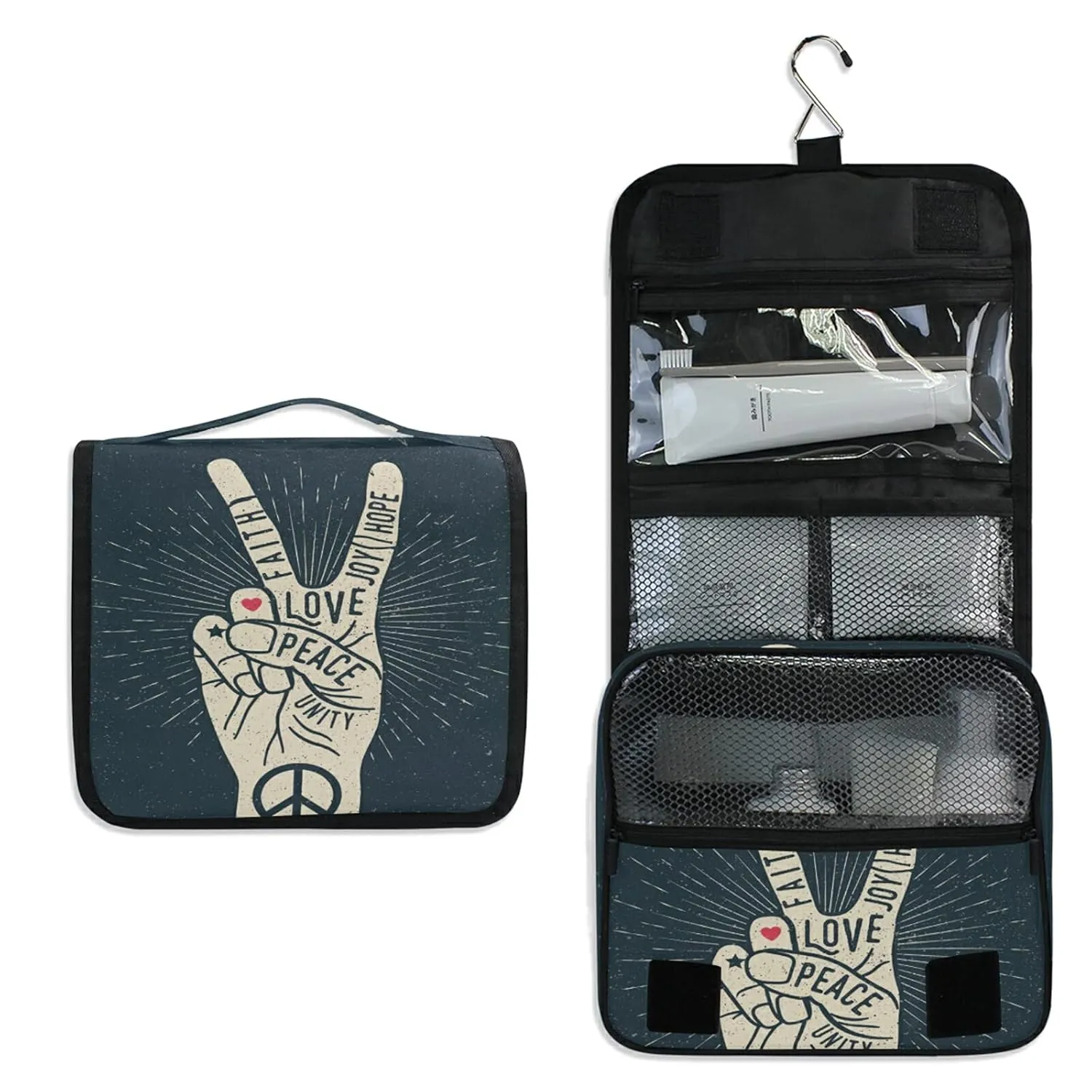 Oyihfvs Human Hand Fingers Peace Love Hanging Wash Gargle Toiletry Bag Travel Cosmetic Makeup Case Organizer Storage Large Portable