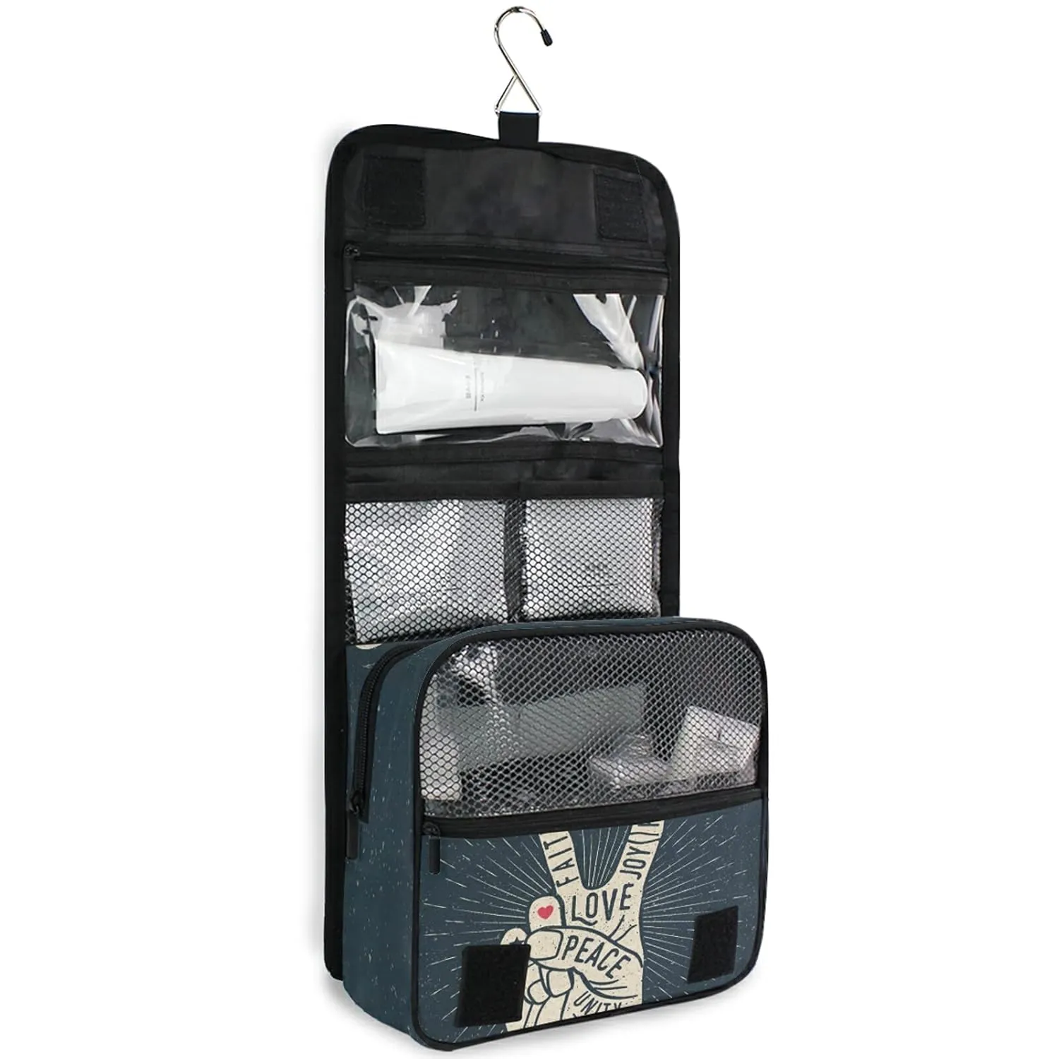 Oyihfvs Human Hand Fingers Peace Love Hanging Wash Gargle Toiletry Bag Travel Cosmetic Makeup Case Organizer Storage Large Portable