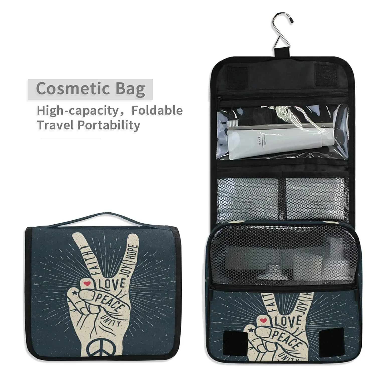 Oyihfvs Human Hand Fingers Peace Love Hanging Wash Gargle Toiletry Bag Travel Cosmetic Makeup Case Organizer Storage Large Portable