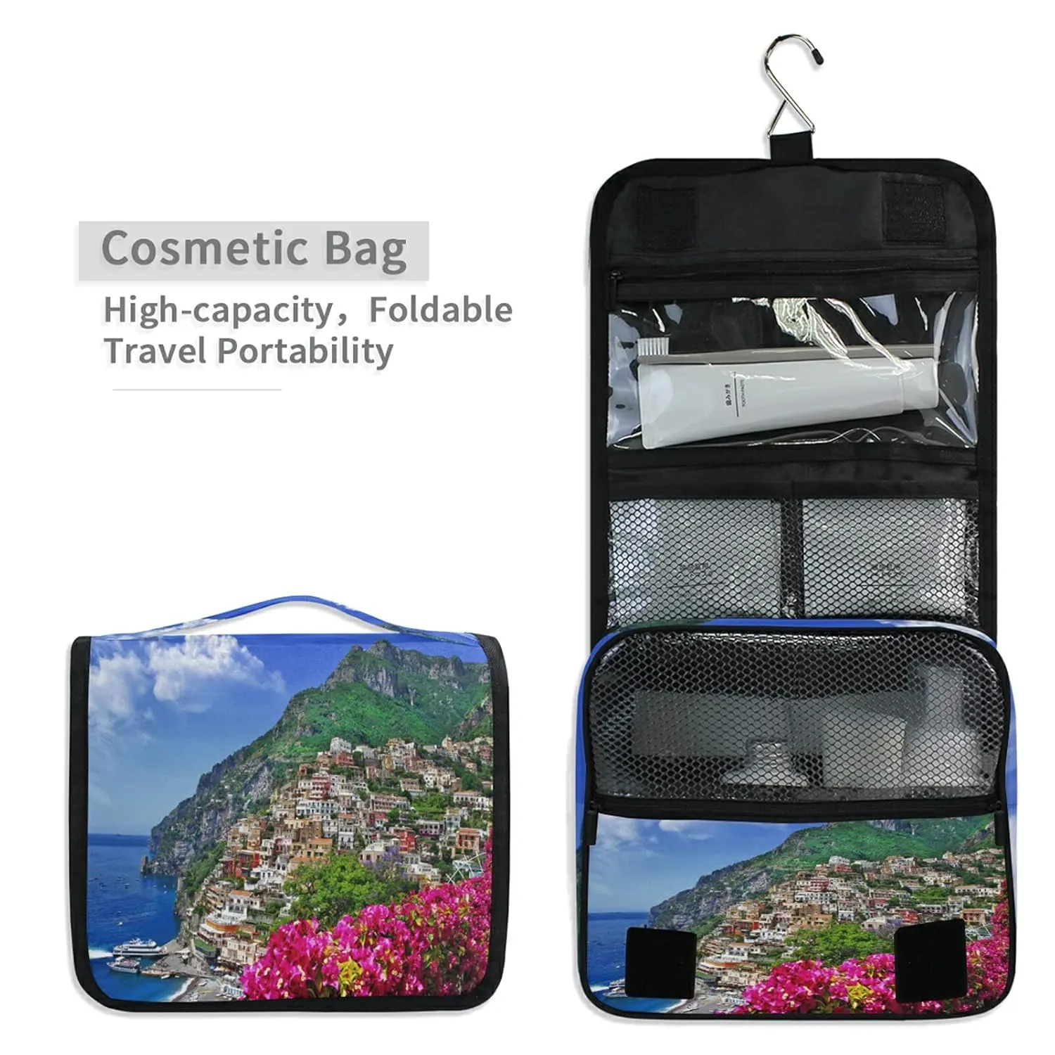 Oyihfvs Italy Positano Landscape Hanging Wash Gargle Toiletry Bag Travel Cosmetic Makeup Case Organizer Storage Large Portable