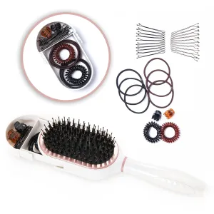 PAK Travel Hair Brush with 30 Hair Accessories for Girls Included - Built in Strorage - Boar And Nylon Bristle - Anti-Static Paddle Travel Brush by BeautyHak