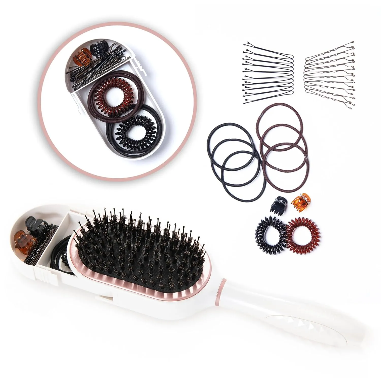 PAK Travel Hair Brush with 30 Hair Accessories for Girls Included - Built in Strorage - Boar And Nylon Bristle - Anti-Static Paddle Travel Brush by BeautyHak