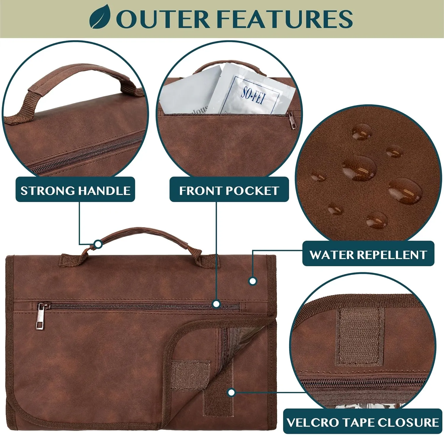 PAVILIA Hanging Toiletry Bag Men Women, Travel Kit Foldable Large Toiletries Organizer, Roll up Cosmetics Makeup Bag Accessories, Waterproof Essentials Dopp Case (Brown)