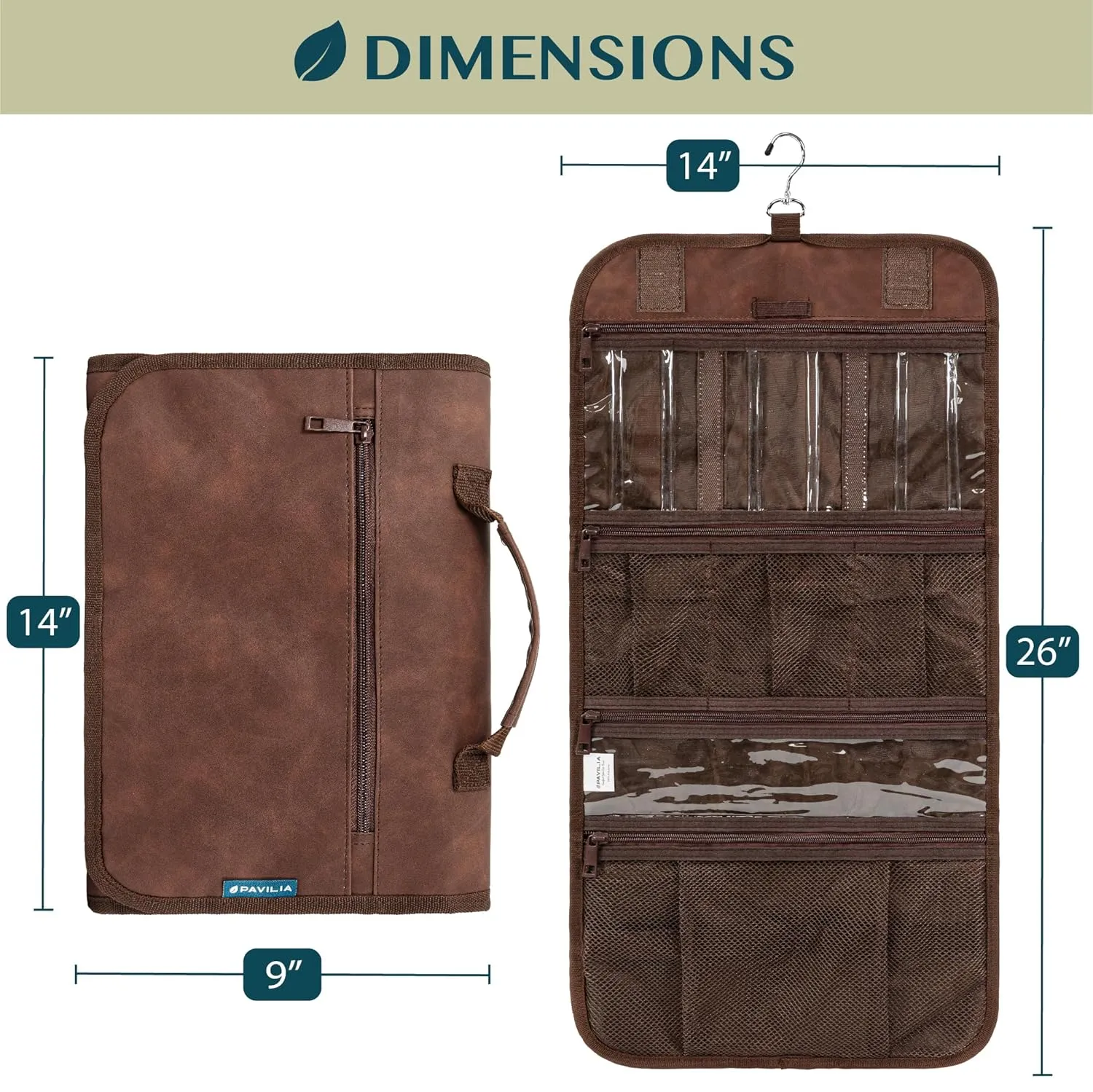 PAVILIA Hanging Toiletry Bag Men Women, Travel Kit Foldable Large Toiletries Organizer, Roll up Cosmetics Makeup Bag Accessories, Waterproof Essentials Dopp Case (Brown)