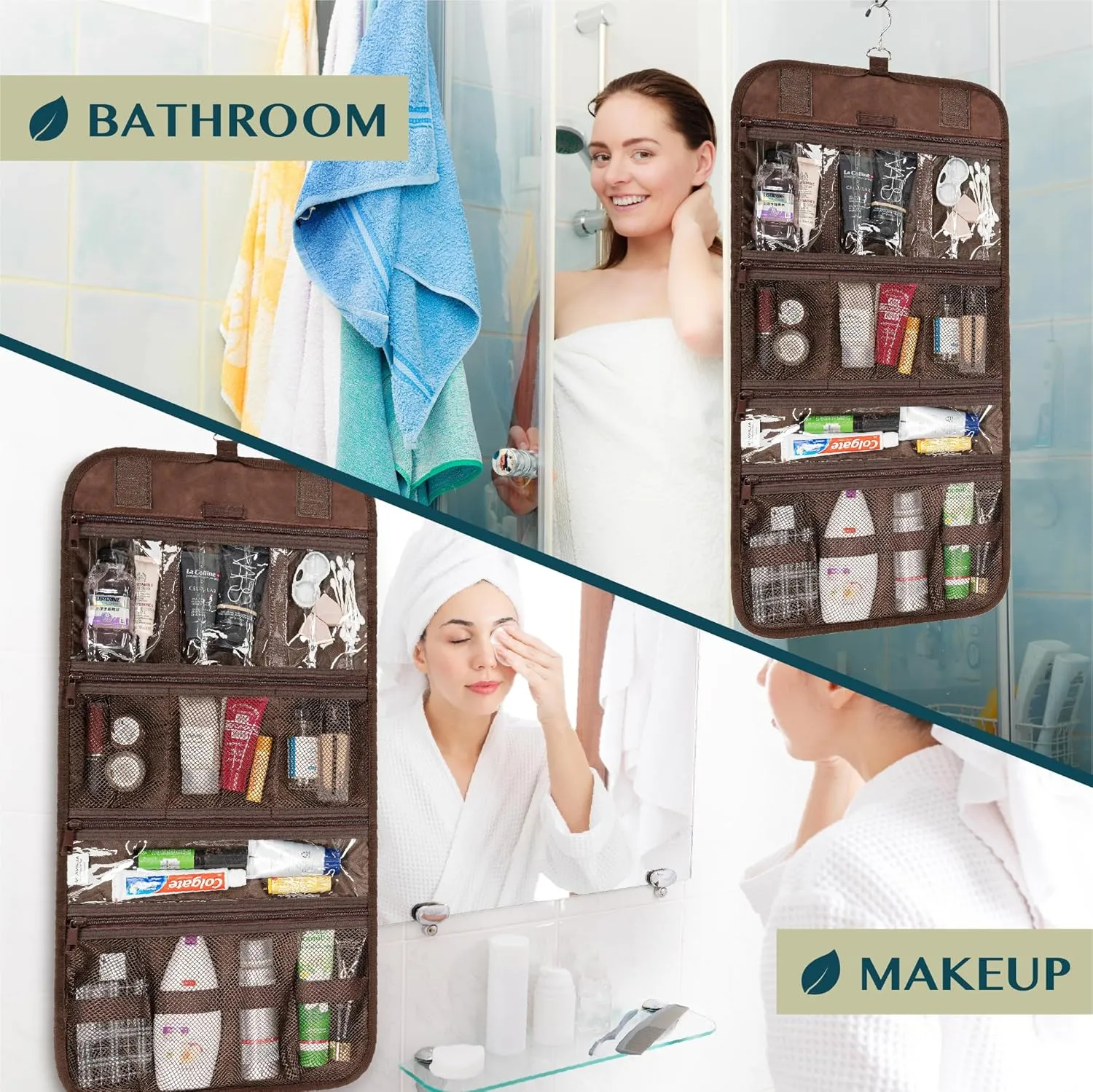 PAVILIA Hanging Toiletry Bag Men Women, Travel Kit Foldable Large Toiletries Organizer, Roll up Cosmetics Makeup Bag Accessories, Waterproof Essentials Dopp Case (Brown)