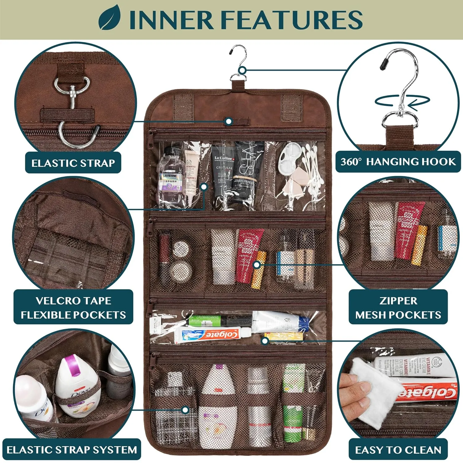 PAVILIA Hanging Toiletry Bag Men Women, Travel Kit Foldable Large Toiletries Organizer, Roll up Cosmetics Makeup Bag Accessories, Waterproof Essentials Dopp Case (Brown)