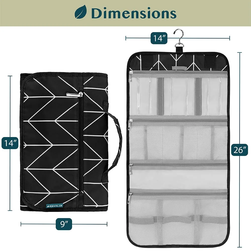 PAVILIA Hanging Toiletry Bag Women Men, Travel Kit Foldable Large Toiletries Organizer, Roll up Cosmetics Makeup Bag Accessories, Waterproof Essentials Jewelry Case (Black Chevron)