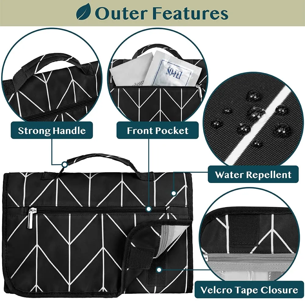 PAVILIA Hanging Toiletry Bag Women Men, Travel Kit Foldable Large Toiletries Organizer, Roll up Cosmetics Makeup Bag Accessories, Waterproof Essentials Jewelry Case (Black Chevron)