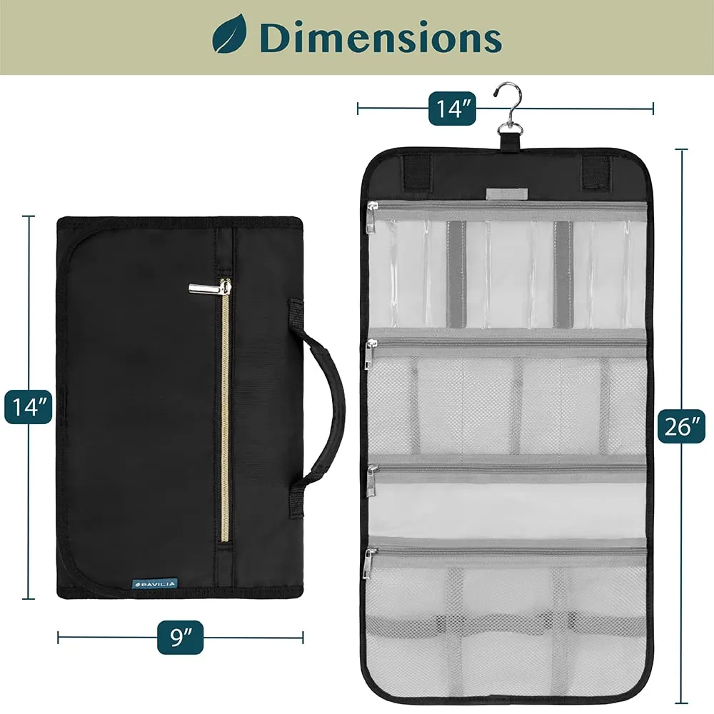 PAVILIA Hanging Toiletry Bag Women Men, Travel Kit Foldable Large Toiletries Organizer, Roll up Cosmetics Makeup Bag Accessories, Waterproof Essentials Jewelry Case (Black)