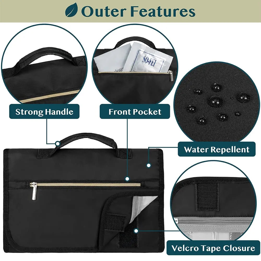 PAVILIA Hanging Toiletry Bag Women Men, Travel Kit Foldable Large Toiletries Organizer, Roll up Cosmetics Makeup Bag Accessories, Waterproof Essentials Jewelry Case (Black)