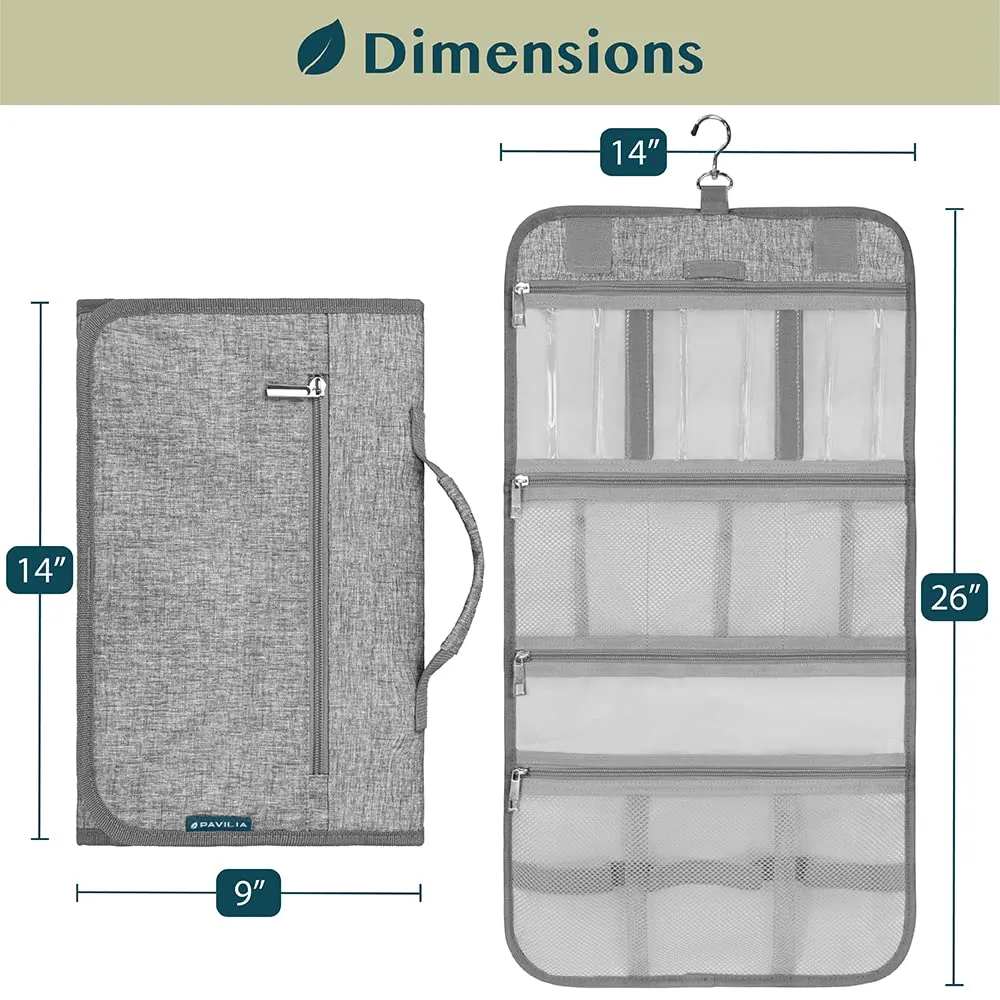 PAVILIA Hanging Toiletry Bag Women Men, Travel Kit Foldable Large Toiletries Organizer, Roll up Cosmetics Makeup Bag Accessories, Waterproof Essentials Jewelry Case (Heather Grey)